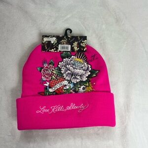 Ed Hardy Love Kills Slowly Pink Beanie with Floral Design.Set of two.